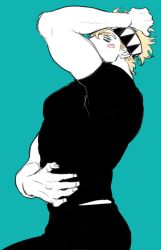  1boy arm_up battle_tendency black_pants black_shirt blonde_hair caesar_anthonio_zeppeli chuu_ni commentary_request facial_mark from_side green_eyes hand_on_own_head hand_on_own_stomach headband jojo_no_kimyou_na_bouken looking_at_viewer male_focus pants profile shirt short_hair short_sleeves solo 