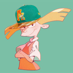  1girl arnold_shortman blonde_hair bow child dress hat helga_g_pataki hey_arnold! highres kinako_(moment) long_hair looking_at_viewer shirt simple_background solo toon_(style) twintails unibrow upper_body 