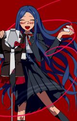  1girl black_socks blue_hair blush bow closed_eyes collared_jacket collared_shirt commentary_request danganronpa_(series) danganronpa_v3:_killing_harmony glasses happy holding jacket kneehighs long_hair long_skirt long_sleeves mannequin open_mouth ovrperi pleated_skirt red_background ribbon round_eyewear school_uniform shirogane_tsumugi shirt skirt smile socks solo standing thread very_long_hair white_shirt 