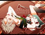  alternate_costume blue_eyes bow braid card couch earrings flower hair_bow highres izayoi_sakuya jewelry knife kurau_kii letterboxed necktie playing_card rose short_hair silver_hair solo touhou 