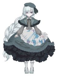  1girl absurdres black_eyes braid capelet commentary_request dress expressionless eyes_visible_through_hair frilled_capelet frilled_dress frilled_socks frills full_body grey_capelet grey_dress grey_hair grey_hat grey_shoes grey_socks hair_over_one_eye hat highres indie_virtual_youtuber long_hair long_sleeves puffy_long_sleeves puffy_sleeves shoes single_braid socks solo todoki_uka todoki_uka_(artist) very_long_hair virtual_youtuber 