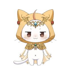  :3 ahoge alternate_costume animal animal_focus blue_gem brooch brown_eyes cape cat circlet cloak clothed_animal commentary ear_covers english_commentary forehead_jewel gem gold_circlet green_gem happy highres hood hood_up hooded_cloak jewelry momo_(nikki) navel nikki_(series) no_humans nonoberry22 scales shining_nikki simple_background smile whiskers white_background white_cape white_cat yellow_cloak yellow_scales 