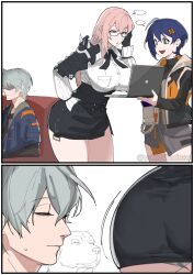  1girl 2girls belle_(zenless_zone_zero) blue_eyes breasts computer glasses grey_hair highres laptop large_breasts miniskirt multiple_girls pink_hair skirt thick_thighs thighs tsukishiro_yanagi wide_hips wise_(zenless_zone_zero) yuushiba zenless_zone_zero 