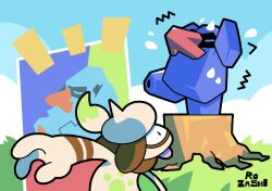  artist_name blue_sky canvas_(object) closed_eyes cocoro_the_c commentary_request day flying_sweatdrops grass highres no_humans nosepass notice_lines on_tree_stump outdoors painting_(action) painting_(object) pokemon pokemon_(creature) pokemon_focus red_nose sky smeargle standing standing_on_one_leg tongue tongue_out trembling 