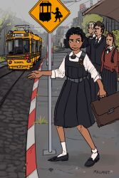  2boys 2girls absurdres artist_name black_hair black_jacket black_necktie black_shoes black_skirt briefcase brown_hair brown_sweater commentary dark-skinned_female dark-skinned_male dark_skin day english_commentary highres holding holding_briefcase jacket multiple_boys multiple_girls necktie original outdoors pleated_skirt road_sign shoes sign skirt socks streetcar sweater vekllei white_socks 