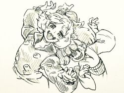  2girls bow commentary_request dress fangs hair_bobbles hair_bow hair_bun hair_ornament japanese_clothes kimono kisume kurodani_yamame long_sleeves looking_at_viewer menotama multi-source_commentary multiple_girls obi open_mouth sash short_hair skin_fangs smile touhou traditional_media twintails upper_body wide_sleeves 