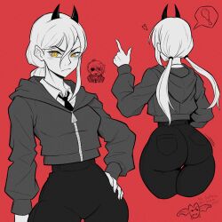  ass back black_horns black_pants chainsaw_man demon_girl demon_horns grey_sweater hair_between_eyes hand_on_own_hip highres horns huge_ass long_hair looking_at_viewer pants power_(chainsaw_man) red_background shirt sweater twintails white_shirt wide_hips wott yellow_eyes 