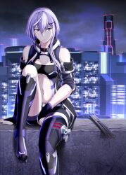  armor bare_arms bare_shoulders belly boots building closed_mouth commentary_request fingerless_gloves gloves hand_on_own_leg highres long_hair looking_at_viewer misono_chiaki night original purple_hair science_fiction tower urban 
