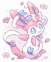  blue_eyes blush ci_spl commentary flower looking_back no_humans petals pokemon pokemon_(creature) pokemon_focus sitting smile solo sparkle sylveon twitter_username untranslatable_commentary wings 