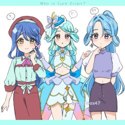  !? 3girls :o ? ?? aqua_bow aqua_bowtie aqua_capelet aqua_hair arm_behind_back back_bow beret black_skirt blue_bow blue_hair blue_hat blue_shirt boater_hat bow bowtie braid brooch butterfly_hat_ornament capelet character_speculation closed_mouth collared_shirt commentary_request cure_eclair earrings english_text frilled_cuffs frilled_skirt frills half_updo hand_on_own_chin hat hat_ornament heart heart_brooch highres howa_kurea ieri_shiruku jewelry large_bow layered_skirt light_frown long_hair long_sleeves looking_at_viewer magical_girl meitantei_precure! midriff miniskirt multiple_girls navel neck_ribbon open_mouth pencil_skirt pink_ribbon ponytail precure puffy_short_sleeves puffy_sleeves red_eyes red_hat red_skirt ribbon shirt short_sleeves showgirl_skirt shrugging side-by-side single_thighhigh skirt sleeveless sleeveless_shirt smile spoken_interrobang spoken_question_mark standing thigh-highs twitter_username uzukibox47 very_long_hair violet_eyes w_arms white_shirt white_thighhighs yellow_eyes 