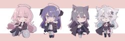  4girls :o animal_ears arknights black_gloves black_jacket black_pants black_shorts black_skirt blue_eyes blue_hair blush border chibi demon_horns demon_tail food fur-trimmed_jacket fur_trim gloves grey_eyes grey_hair hair_ornament hairclip halo hands_in_pockets highres holding holding_food holding_ice_cream horns ice_cream jacket jacket_on_shoulders lappland_(arknights) lappland_the_decadenza_(arknights) lemuen_(arknights) letterboxed material_growth micang_pu mon3tr_(arknights) multiple_girls necktie one_eye_closed oripathy_lesion_(arknights) pants pink_border pink_eyes pink_hair pleated_skirt pointing pointing_up red_necktie shirt shorts simple_background sitting skirt tail texas_(arknights) texas_the_omertosa_(arknights) wheelchair white_background white_shirt wolf_ears wolf_girl wolf_tail yellow_eyes 