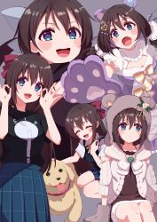  1girl absurdres birthday blue_eyes blush breasts brown_hair closed_eyes commentary cream_(nipakupa) dog grey_background hair_ribbon half_updo highres long_hair love_live! love_live!_nijigasaki_high_school_idol_club low_twintails medium_breasts multiple_views nijigasaki_school_uniform ophelia_(love_live!) osaka_shizuku ribbon school_uniform sidelocks sitting squatting twintails upper_body 
