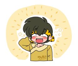  1boy :d arm_behind_head bandana blush_stickers fang hibiki_ryouga male_focus ranma_1/2 short_hair smile solo upper_body wanta_(futoshi) yellow_background yellow_bandana 