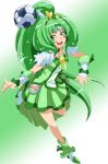  ball bare_legs boots choker cure_march dress green_dress green_eyes green_hair highres long_hair magical_girl midorikawa_nao pleated_skirt ponytail precure skirt smile_precure! soccer_ball solo tiara toryuu tri_tails vambraces very_long_hair 