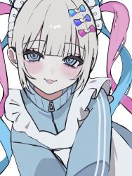  1girl :3 absurdres aegyo_sal alternate_costume apron bad_id bad_twitter_id blonde_hair blue_bow blue_eyes blue_hair blue_jacket bow chouzetsusaikawa_tenshi-chan frilled_apron frills hair_bow highres jacket jersey_maid long_hair long_sleeves looking_at_viewer maid multicolored_hair needy_girl_overdose open_mouth pink_bow pink_hair purple_bow quad_tails simple_background smile solo track_jacket unconventional_maid upper_body va_upi white_apron white_background 