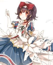  1girl az_9649 black_hair blue_dress choker closed_mouth commentary_request dress elbow_gloves flower gloves grimms_notes hair_ribbon hand_up light_blush puffy_short_sleeves puffy_sleeves red_choker red_eyes red_ribbon ribbon short_hair short_sleeves simple_background smile snow_white_(grimms_notes) snow_white_(ojou)_(grimms_notes) solo vertical-striped_sleeves white_background white_flower 