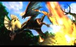  fireball highres letterboxed monster monster_hunter no_humans solo tail tree wings wyvern yellow_eyes yian_kut-ku 