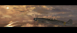  aircraft airplane balkenkreuz bf_109 clouds commentary cotact147 cross flying from_side high_up highres letterboxed luftwaffe military military_vehicle no_humans orange_sky original propeller_fighter river scenery sky sunset untranslatable_commentary vehicle_focus world_war_ii 