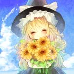  bad_id blonde_hair bouquet bust closed_eyes eyes_closed flower hat kirisame_marisa long_hair nature smile solo sunflower touhou witch witch_hat yotsuba 