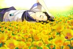  black_hair blurry closed_eyes depth_of_field digital_media_player eyes_closed flower flower_field kobayakawa_rinko love_plus lying nakaizumi_tatsuya on_back school_uniform solo 