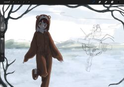  1girl animal_costume art_program_in_frame asymmetrical_hair bear_costume brown_eyes brown_hair closed_mouth hair_ornament hairclip highres iwakura_lain long_sleeves mountainous_horizon procreate_(software) r4kk4_404 serial_experiments_lain short_hair single_sidelock solo tree x_hair_ornament 