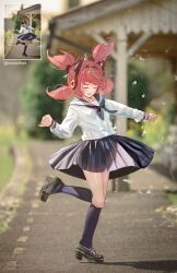  1girl absurdres alternate_costume aqua_hair aqua_streaks aria_(zenless_zone_zero) black_shoes black_socks blue_sailor_collar blue_skirt blurry blurry_background closed_eyes collarbone commentary english_commentary highres koumilust leg_up multicolored_hair open_mouth outdoors photo-referenced pink_hair quad_tails sailor_collar school_uniform shirt shoes skirt socks solo standing standing_on_one_leg streaked_hair twitter_username white_shirt zenless_zone_zero 