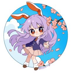  1girl animal_ears artist_name blazer blue_sky blush chibi chibi_only chinese_commentary circle closed_mouth clouds collared_shirt commentary_request day fafa full_body highres jacket long_hair long_sleeves looking_at_viewer necktie pink_skirt pleated_skirt purple_hair purple_jacket rabbit_ears rabbit_girl red_eyes red_necktie reisen_udongein_inaba shirt skirt sky smile socks solo touhou very_long_hair white_shirt white_socks 