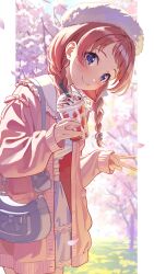  1girl blue_eyes blue_skirt blush braid brown_hair cardigan cherry_blossoms commentary_request cup disposable_cup fur_hat gakuen_idolmaster hanami_saki hat head_tilt highres holding holding_cup idolmaster long_hair ntn00a official_alternate_costume outdoors pillarboxed pink_cardigan shirt skirt smile solo twin_braids white_hat white_shirt 