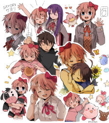  >_< 2boys 2girls bendedede blush bow brown_hair character_request check_character closed_mouth collared_shirt commentary doki_doki_literature_club doki_doki_literature_club_school_uniform english_commentary hair_bow hair_ornament hairclip highres holding holding_stuffed_toy kirby kirby_(series) long_hair long_sleeves looking_at_viewer multiple_boys multiple_girls open_mouth pink_hair protagonist_(doki_doki_literature_club) purple_hair red_bow ribbon sayori_(doki_doki_literature_club) school_uniform shirt short_sleeves simple_background smile stuffed_cow stuffed_toy teeth upper_teeth_only white_background white_shirt yuri_(doki_doki_literature_club) 