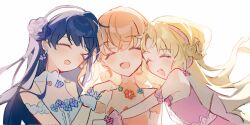  3girls :d ^_^ bare_shoulders blonde_hair blue_dress blue_hair blush closed_eyes commentary_request dress flower-shaped_hair gradient_hair hairband hasu_no_sanrenka highres hinoshita_kaho hug hug_from_side ima_kako_mirai_no_sangenshoku link!_like!_love_live! long_hair love_live! medium_hair multicolored_hair multiple_girls murano_sayaka open_mouth orange_dress orange_hair osawa_rurino pink_dress pink_hairband simple_background sleeveless sleeveless_dress smile strapless strapless_dress upper_body virtual_graduation_commemoration virtual_youtuber white_background white_hairband yu_lian_hane 