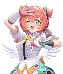  1girl absurdres aqua_hair aqua_streaks aria_(zenless_zone_zero) arm_up blue_eyes blush bridal_gauntlets center_frills commentary crossed_bangs dress fingerless_gloves frills gloves hair_between_eyes hand_up highres holding holding_microphone looking_at_viewer microphone multicolored_hair one_eye_closed open_mouth pink_gloves pink_hair quad_tails simple_background solo star-shaped_pupils star_(symbol) streaked_hair symbol-shaped_pupils ug_0000 untranslatable_commentary upper_body v v_over_head white_background white_bridal_gauntlets white_dress white_wings wings zenless_zone_zero 