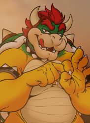  1boy armlet bowser claws collar english_commentary furry furry_male highres horns jewelry licking_lips looking_at_viewer male_focus open_mouth red_hair saiterfroha spiked_armlet spiked_collar spiked_shell spikes super_mario_bros. the_super_mario_galaxy_movie tongue tongue_out 