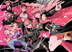  6+girls absurdres arms_up black_coat black_dress black_gloves black_hat black_jacket black_nightgown black_tiara bracelet character_request coat crop_top dress fishnet_top fishnets fur_cuffs gloves gold_bracelet hat headphones headphones_around_neck high_heels highres holding holding_microphone hololive hololive_english holomyth jacket jewelry kajyu_go long_sleeves looking_at_viewer microphone mori_calliope mori_calliope_(1st_costume) mori_calliope_(streetwear) multiple_bracelets multiple_girls nightgown one_eye_closed outstretched_arms pink_eyes pink_hair shoulder_spikes skull_choker spiked_cape spikes tank_top thumbs_down thumbs_up tiara veil virtual_youtuber 