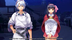  1boy 1girl ahoge aleph_coulson_(revival) atelier-moo belt black_hair breasts brown_eyes closed_mouth collared_shirt cowboy_shot flower game_cg hair_between_eyes hair_ribbon hat large_breasts long_hair miniskirt night non-web_source official_art pink_ribbon pleated_skirt purple_hat red_shawl ribbon rose shawl sheela_sheffield_(revival) shirt short_hair skirt smile standing striped_hat tareme three-quarter_sleeves town very_long_hair white_hair white_shirt yellow_flower yellow_rose yuukyuu_gensoukyoku yuukyuu_gensoukyoku_revival 