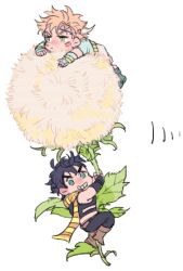  2boys aqua_eyes bare_shoulders battle_tendency belt black_hair black_pants blonde_hair blue_gloves blue_shirt blush boots brown_belt brown_boots caesar_anthonio_zeppeli chuu_ni commentary_request dandelion dandelion_clock facial_mark fake_head_wings fingerless_gloves flower gloves grin headband jojo_no_kimyou_na_bouken joseph_joestar joseph_joestar_(young) leaf lowres male_focus midriff mini_person miniboy multiple_boys pants shirt smile v-shaped_eyebrows white_background 