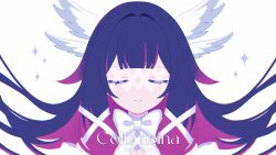  1girl absurdres black_hair bow bowtie closed_eyes closed_mouth columbina_(genshin_impact) commentary_request english_text eye_mask fuminshou_(nekopan_art) genshin_impact hair_ornament hair_ribbon head_wings highres long_hair mask multicolored_hair multiple_wings portrait purple_hair purple_streaks ribbon simple_background smile solo streaked_hair two-tone_hair very_long_hair white_background white_bow white_wings wing_hair_ornament wings x-shaped_eyewear 