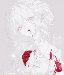  1girl blood blood_on_clothes blood_on_face blood_on_hands dress ening_xoxo fake_blood food food_in_mouth food_on_clothes food_on_face food_on_hand fruit grey_background hair_intakes headdress highres holding holding_food holding_fruit long_hair looking_at_viewer mouth_hold parted_lips pomegranate qr_code simple_background solo spot_color stitched_neck stitches symbol-shaped_pupils twitter_username white_dress white_eyes white_hair x-shaped_pupils 