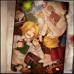  alphonse_elric blonde_hair book brothers burnt child_drawing clover edward_elric four-leaf_clover fullmetal_alchemist multiple_boys paperclip photo_(object) saiyki siblings sleeping young 