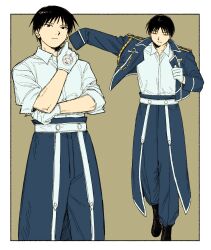  1boy amestris_military_uniform belt black_eyes black_hair black_shoes blue_jacket blue_pants border closed_eyes closed_mouth collared_shirt fullmetal_alchemist gloves highres jacket long_sleeves looking_at_viewer ls182_520 male_focus multiple_views open_collar pants putting_on_jacket roy_mustang shirt shirt_tucked_in shoes white_belt white_border white_gloves white_shirt white_trim wing_collar 