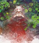  album_cover alternate_costume bow cover duca floating fujiwara_no_mokou hair_bow hands_on_own_chest japanese_clothes kimono plant red_eyes silver_hair solo tears touhou water 