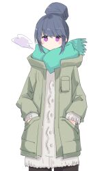  1girl black_pantyhose blue_hair blue_scarf breast_pocket breath cable_knit closed_mouth coat commentary_request cowboy_shot expressionless green_coat hair_bun hands_in_pockets long_sleeves looking_at_viewer open_clothes open_coat pantyhose pocket scarf shima_rin shiroshi_(denpa_eshidan) simple_background single_hair_bun solo sweater violet_eyes white_background white_sweater yurucamp 