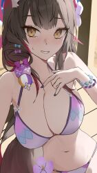  1girl absurdres animal_ear_fluff animal_ears beach belly bikini blue_archive blush breasts commentary_request flower fox_ears fox_girl hair_flower hair_ornament halo hand_on_own_chest highres large_breasts long_hair looking_at_viewer official_alternate_costume purple_bikini red_halo solo solo_focus swimsuit udonpan wakamo_(blue_archive) wakamo_(swimsuit)_(blue_archive) yellow_eyes 