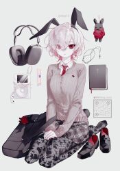  animal_ears bag bible_(object) bible_verse black_bag black_nails black_pantyhose black_shoes book breasts cardigan charm_(object) collared_shirt cosmetics cross cross_necklace dongdang ening_xoxo fake_animal_ears fishnet_pantyhose fishnets green_skirt grey_cardigan hair_between_eyes hands_on_lap headphones highres indie_utaite ipod jewelry lipstick_tube medium_breasts mp3_player nail_polish necklace necktie pantyhose qr_code rabbit_ears rabbit_tail red_eyes red_necktie seiza shirt shoes short_hair sitting skirt tail twitter_username unworn_shoes white_shirt 