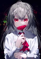  1girl ahoge ascot black_background black_hair collared_shirt colored_eyelashes commentary covered_mouth double-parted_bangs eyes_visible_through_hair flat_chest flower grey_shirt hair_between_eyes hand_up highres holding holding_flower ib_(ib) ib_(kouri) kurobarashan long_hair long_sleeves looking_at_viewer puffy_long_sleeves puffy_sleeves red_ascot red_eyes red_flower red_rose rose shirt sidelocks simple_background sleeve_cuffs solo straight-on untranslatable_commentary upper_body 