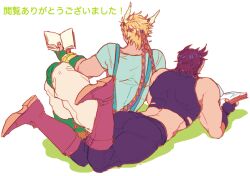  2boys bare_shoulders battle_tendency black_pants black_shirt blonde_hair blue_shirt book boots brown_boots brown_hair caesar_anthonio_zeppeli chuu_ni commentary_request crop_top fake_head_wings gloves green_gloves hairband holding holding_book jojo_no_kimyou_na_bouken joseph_joestar joseph_joestar_(young) lying male_focus multiple_boys on_stomach open_book pants shirt short_sleeves sitting sleeveless sleeveless_shirt suspenders translation_request white_background white_pants 