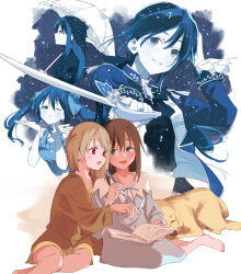  2girls absurdres barefoot blue_eyes blush brown_hair commentary_request dog golden_retriever hair_between_eyes haruruhaharur highres holding holding_pencil koakuma_love long_hair long_sleeves love_live! love_live!_nijigasaki_high_school_idol_club mechanical_pencil multiple_girls nakasu_kasumi open_mouth ophelia_(love_live!) osaka_shizuku pencil red_eyes short_hair sitting yokozuwari 