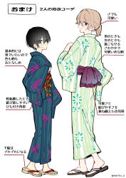  1boy 1girl aqua_eyes asazuki_norito blue_eyes blue_kimono blush brown_hair brown_sandals closed_mouth commentary_request from_behind green_kimono highres japanese_clothes kimono long_sleeves mars_symbol mikami_nagisa mikami_nagisa_(male) obi obijime pointing_out_the_details ponytail purple_sash red_sash sagimiya_ryou sagimiya_ryou_(female) sandals sash short_hair short_ponytail smile sweatdrop translation_request twitter_username wide_sleeves yukata zenbu_kimi_no_sei 