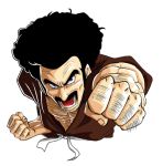  afro black_hair blue_eyes clenched_hands dougi dragon_ball dragon_ball_z dragonball_z eyebrows facial_hair fighting_stance hercule_satan male mr._satan mustache punching solo thick_eyebrows water_blue 