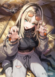  1girl barefoot black_hair black_nails black_tank_top blonde_hair blunt_ends boots breasts chain chain_necklace claw_pose commentary_request company_name copyright_notice crop_top cropped_shirt curtained_hair drawstring ear_piercing eyewear_on_head fingernails from_above green_eyes grey_pants halter_shirt halterneck hands_up hololive hololive_dev_is jacket jewelry koganei_niko koganei_niko_(1st_costume) large_breasts long_hair long_sleeves looking_at_viewer multicolored_hair nail_polish navel necklace official_art open_clothes open_jacket orange-tinted_eyewear pants pbj_(gelgelpbj) piercing ring round_eyewear shirt sitting sleeveless sleeveless_shirt smile solo sukajan sweatpants tank_top tinted_eyewear tongue tongue_out torn_clothes torn_pants two-tone_hair unworn_boots virtual_youtuber wariza 