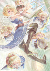  1girl absurdres alice_margatroid black_boots black_pantyhose blonde_hair blue_dress blue_eyes book boots breasts commentary_request dress dutch_angle floating frilled_sleeves frilled_wrist_cuffs frills full_body hairband highres holding holding_polearm holding_shield holding_weapon knee_up lace-trimmed_dress lace-up_boots lace_trim lance looking_at_viewer medium_breasts open_book open_mouth outstretched_arm pantyhose polearm puffy_short_sleeves puffy_sleeves red_hairband red_wrist_cuffs shanghai_doll shield short_hair short_sleeves solo spear teeth touhou upper_teeth_only wakichimiu weapon wrist_cuffs 